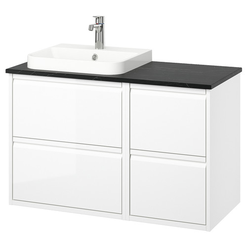 ÄNGSJÖN / BACKSJÖN Wash-stand/wash-basin/tap, high-gloss white/black marble effect, 102x49x71 cm