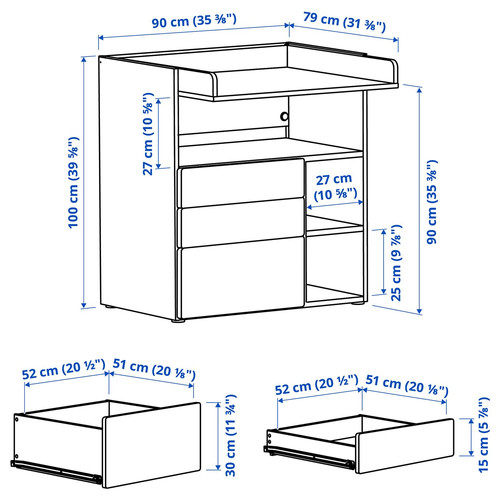 SMÅSTAD Changing table, white light green/with 3 drawers, 90x79x100 cm