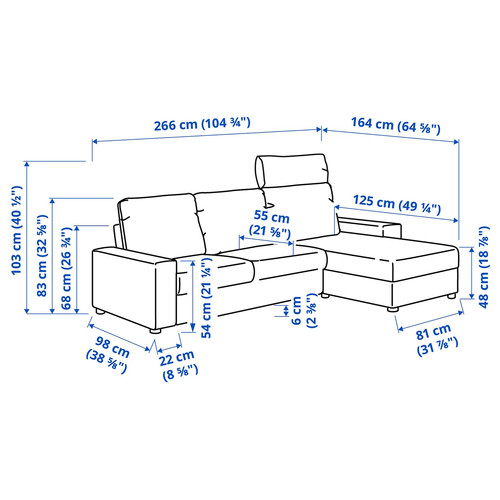 VIMLE 3-seat sofa with chaise longue, with headrest with wide armrests/Gunnared medium grey