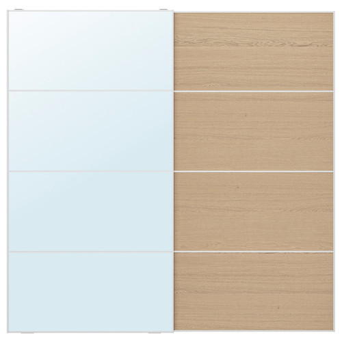 AULI / MEHAMN Pair of sliding doors, aluminium mirror glass/double sided white stained oak effect, 200x201 cm
