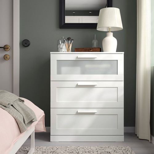 BRIMNES Chest of Drawers, 3 drawers, white/frosted glass, 78x95 cm