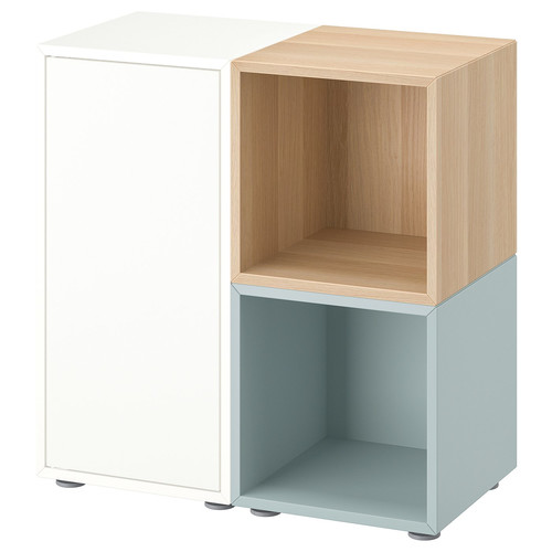 EKET Cabinet combination with feet, white/stained oak effect light grey-blue, 70x35x72 cm