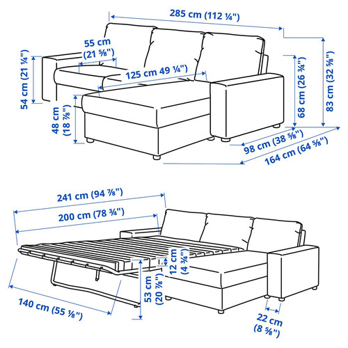 VIMLE 3-seat sofa-bed with chaise longue, with wide armrests/Hallarp beige