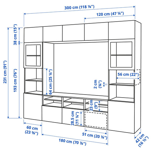BESTÅ TV storage combination/glass doors, dark grey Lappviken/Sindvik dark grey, 300x42x231 cm