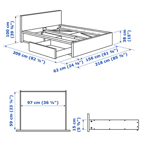 MALM Bed frame, high, w 2 storage boxes, white, 140x200 cm