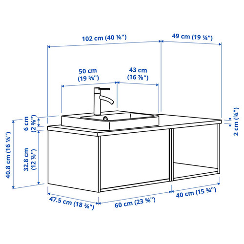 ÄNGSJÖN / BACKSJÖN Wash-stand/wash-basin/tap, high-gloss white/oak effect/white marble effect, 102x49x41 cm