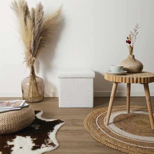 Folding Pouffe, boucle, white
