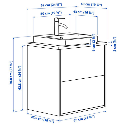 ÄNGSJÖN / BACKSJÖN Wash-stnd w drawers/wash-basin/tap, high-gloss white/white marble effect, 62x49x71 cm