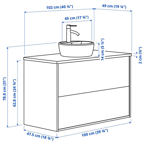 HAVBÄCK / TÖRNVIKEN Wash-stnd w drawers/wash-basin/tap, dark grey/black marble effect, 102x49x79 cm