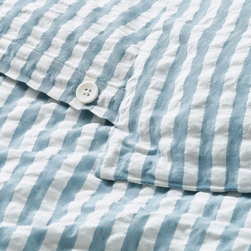 SMÅNUNNEÖRT Duvet cover and 2 pillowcases, dark grey-blue white/striped, 200x200/50x60 cm