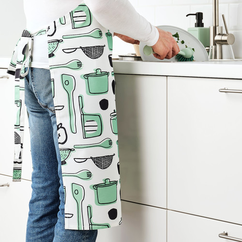 RINNIG Apron, white/green, patterned