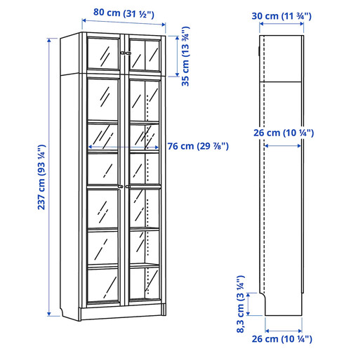 BILLY / OXBERG Bookcase w glass doors/ext unit, brown walnut effect/clear glass, 80x30x237 cm