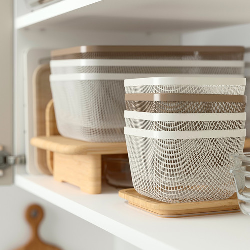 IKEA 365+ Food storage basket with lid, rectangular metal/white bamboo, 32x21x13 cm