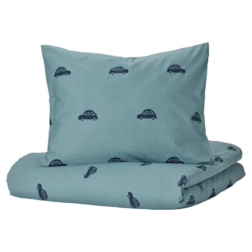 BARNDRÖM Duvet cover and pillowcase, car pattern, blue, 150x200/50x60 cm