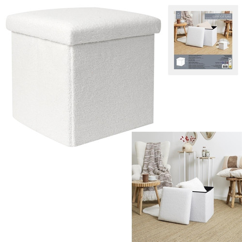 Folding Pouffe, boucle, white