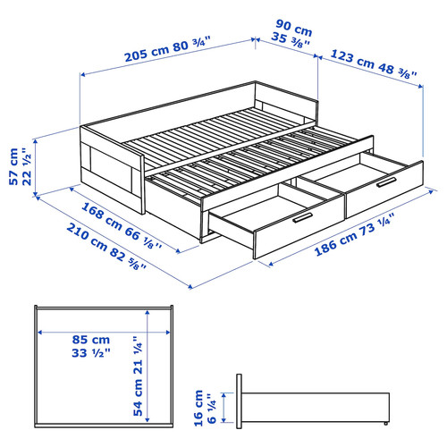 BRIMNES Day-bed w 2 drawers/2 mattresses, grey/Åfjäll medium firm, 80x200 cm
