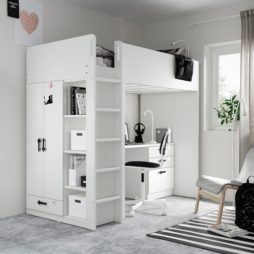 SMÅSTAD Loft bed, white white/with desk with 2 shelves, 90x200 cm