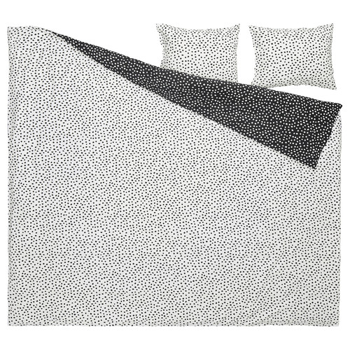 BJÖRKGRÅMAL Duvet cover and 2 pillowcases, black white/dotted, 200x200/50x60 cm