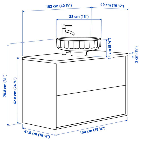 ÄNGSJÖN / LERSJÖN Wash-stnd w drawers/wash-basin/tap, high-gloss white/black marble effect, 102x49x79 cm