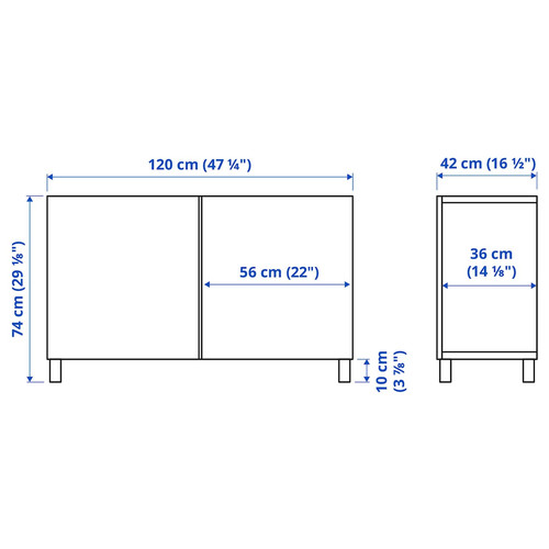 BESTÅ Storage combination with doors, white Studsviken/Kabbarp/white woven poplar, 120x42x74 cm