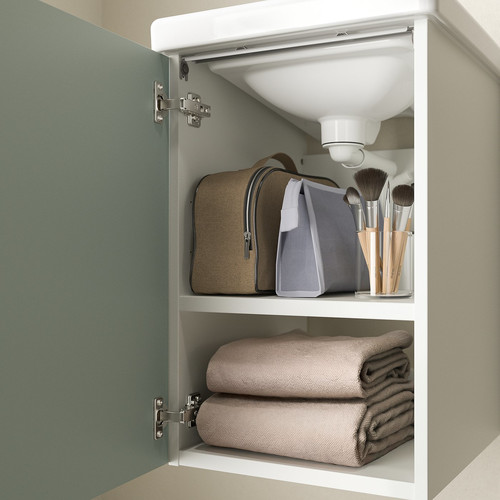 ENHET / TVÄLLEN Wash-stnd w door/wash-basin/tap, white/pale grey-green, 44x43x65 cm