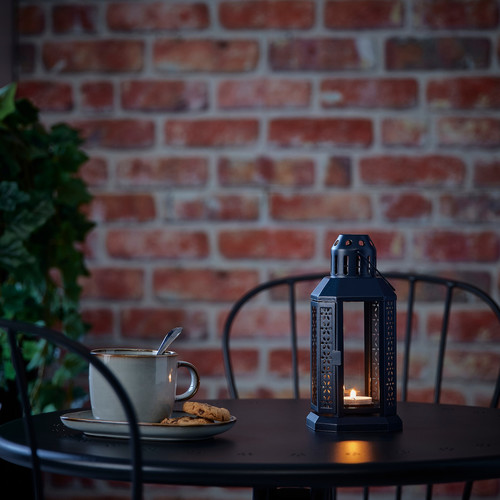 ENRUM Lantern for tealight, in/outdoor, black-blue, 22 cm