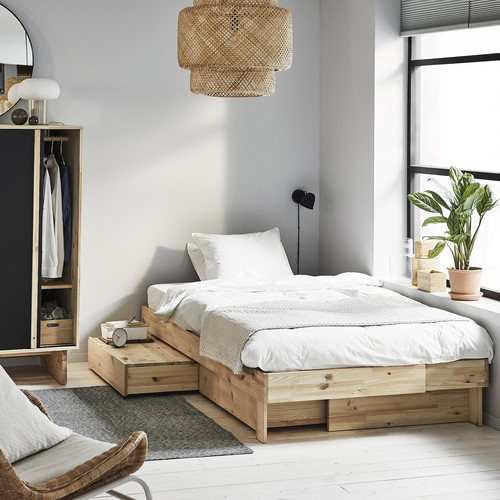 GLAMBERGET Bed frame with storage and mattress, pine/Vesteröy hard, 120x200 cm