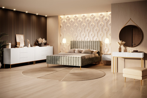 Cabinet with 2 Doors & 3 Drawers Nicole 150 cm, matt white/gold legs