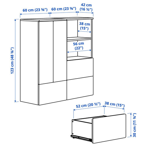 SMÅSTAD / PLATSA Storage combination, white red/stripe with 3 drawers, 120x42x123 cm