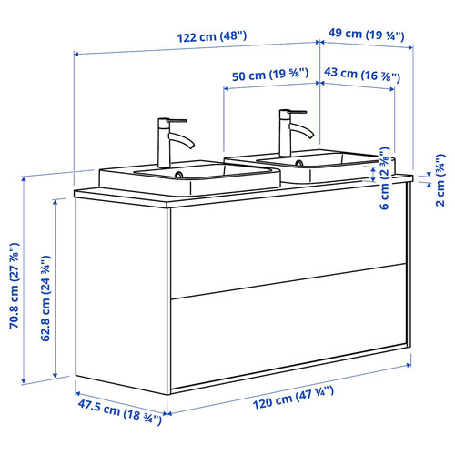 ÄNGSJÖN / BACKSJÖN Wash-stnd w drawers/wash-basin/taps, brown oak effect/black marble effect, 122x49x71 cm