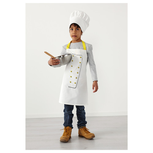 TOPPKLOCKA Children’s apron with chef’s hat, white/yellow