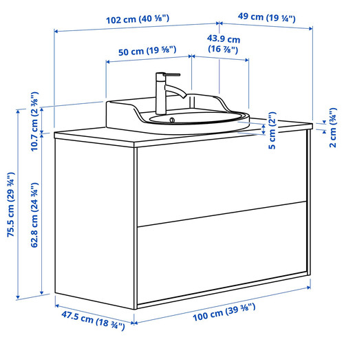 TÄNNFORSEN / RUTSJÖN Wash-stnd w drawers/wash-basin/tap, white/black marble effect, 102x49x76 cm