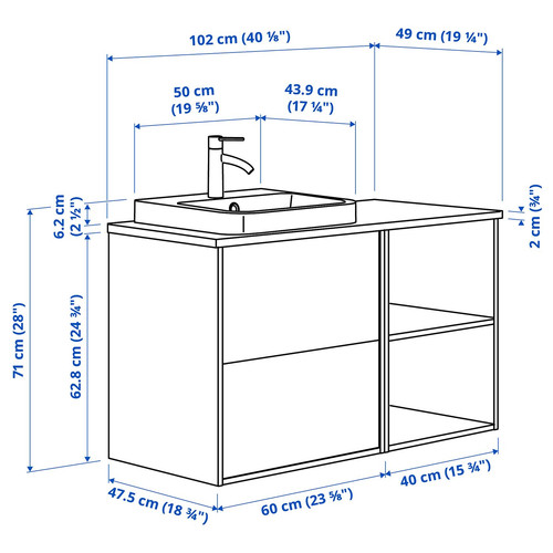 HAVBÄCK / ORRSJÖN Wash-stand/wash-basin/tap, beige/oak effect/white marble effect, 102x49x71 cm