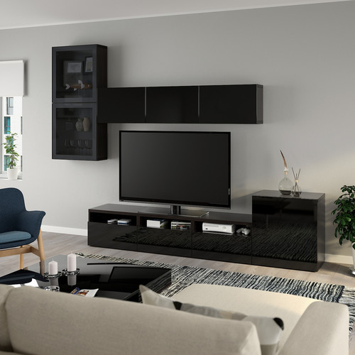 BESTÅ TV storage combination/glass doors, black-brown/Selsviken high-gloss/black smoked glass, 300x42x211 cm