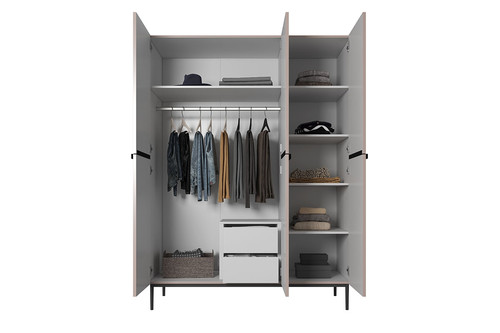 Wardrobe Nicole with Drawer Unit 150 cm, antique pink, black handles and legs