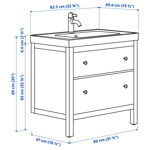 HEMNES / ORRSJÖN Wash-stnd w drawers/wash-basin/tap, white, 82x49x89 cm