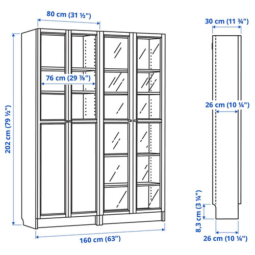 BILLY / OXBERG Bookcase with panel/glass doors, oak effect/clear glass, 160x30x202 cm