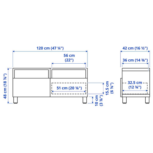 BESTÅ TV bench with drawers, white/Studsviken/Stubbarp white, 120x42x48 cm