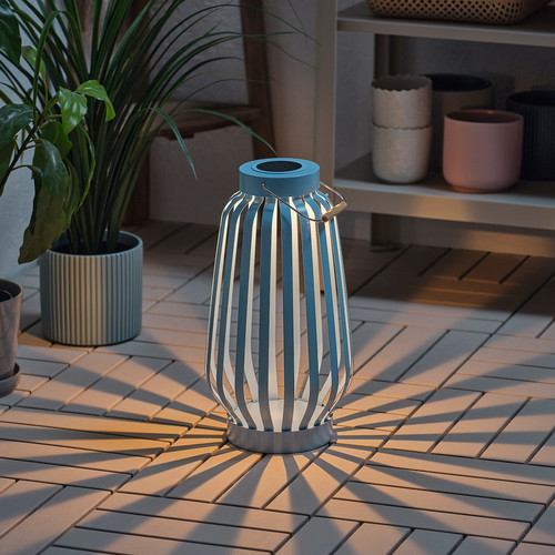 SOLVINDEN LED solar-powered floor lamp, blue/stripe, 42 cm