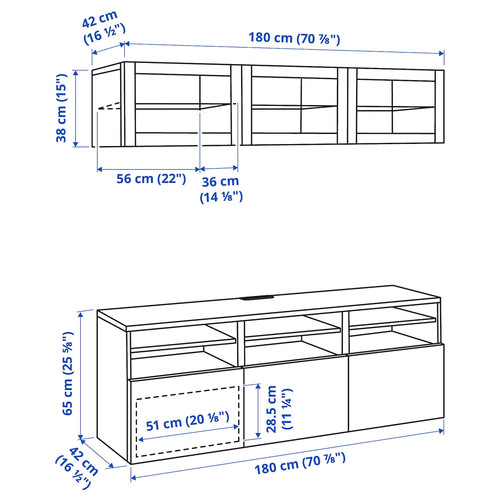 BESTÅ TV storage combination/glass doors, white/Hanviken white clear glass, 180x42x192 cm