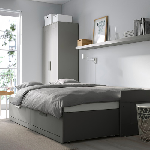BRIMNES Day-bed w 2 drawers/2 mattresses, grey/Åfjäll medium firm, 80x200 cm